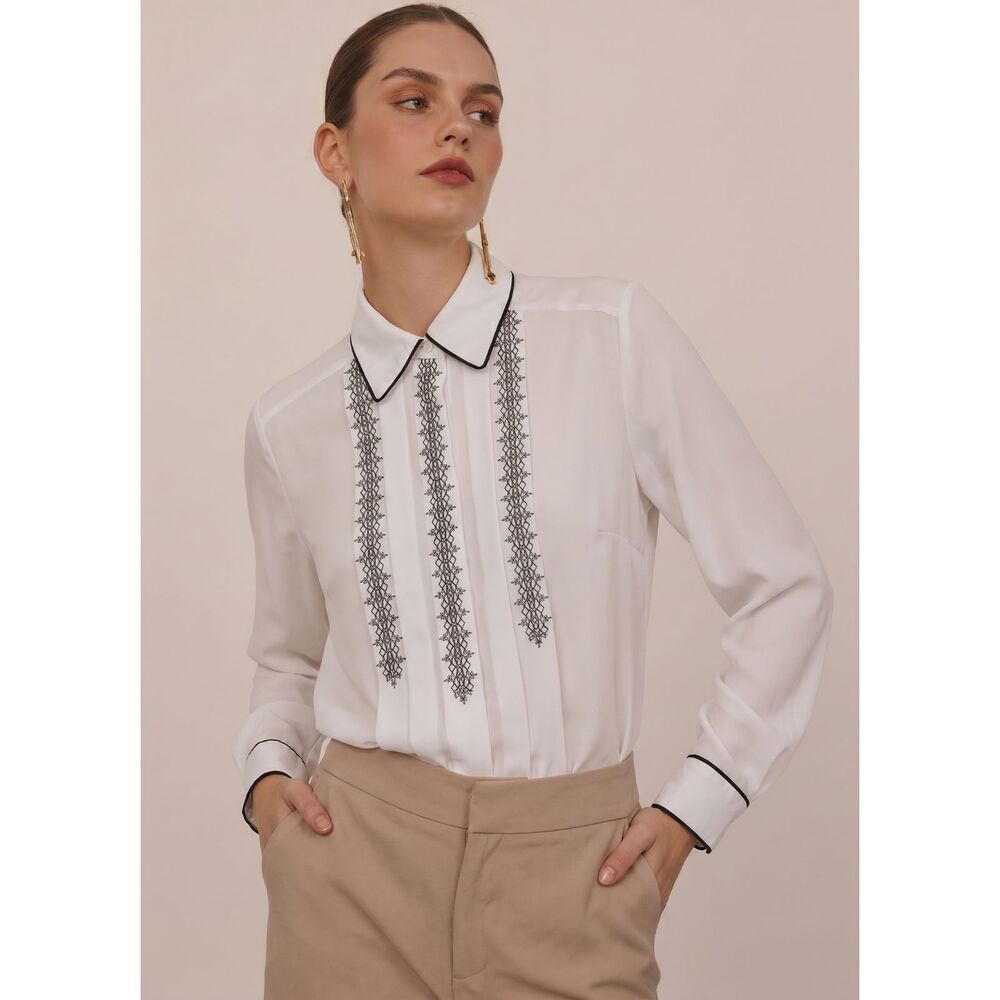 Susan Hutton Vintage 80s 90s Embroidered Tuxedo Blouse Hidden Buttons Size 6
